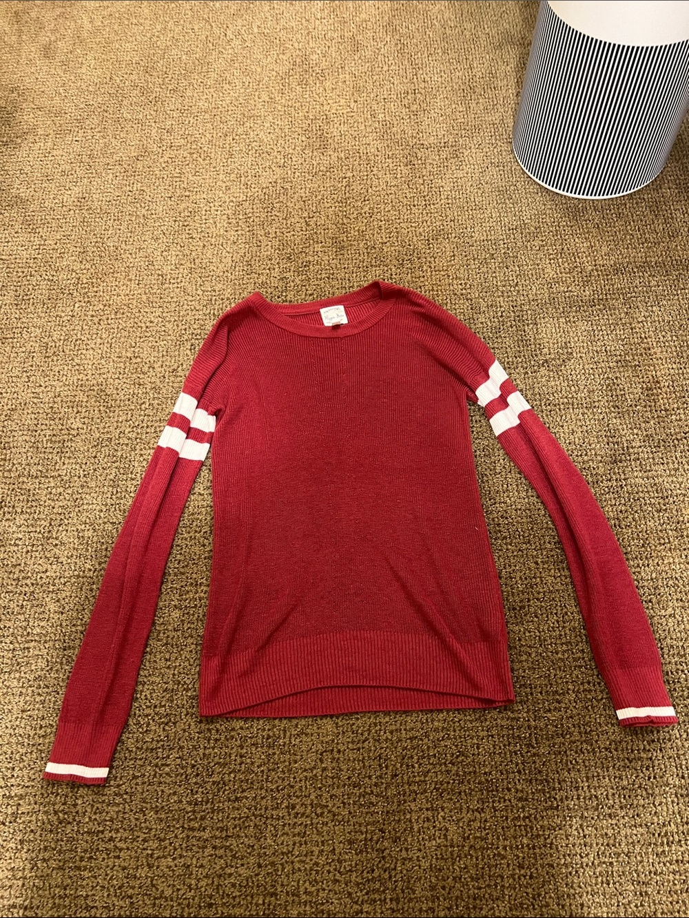 Hippie Rose Red Crewneck Sweater with White Sleeve Stripes